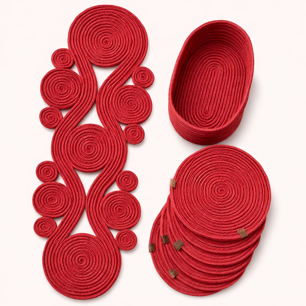 Kırmızı Örgü Runner & Servis Seti
